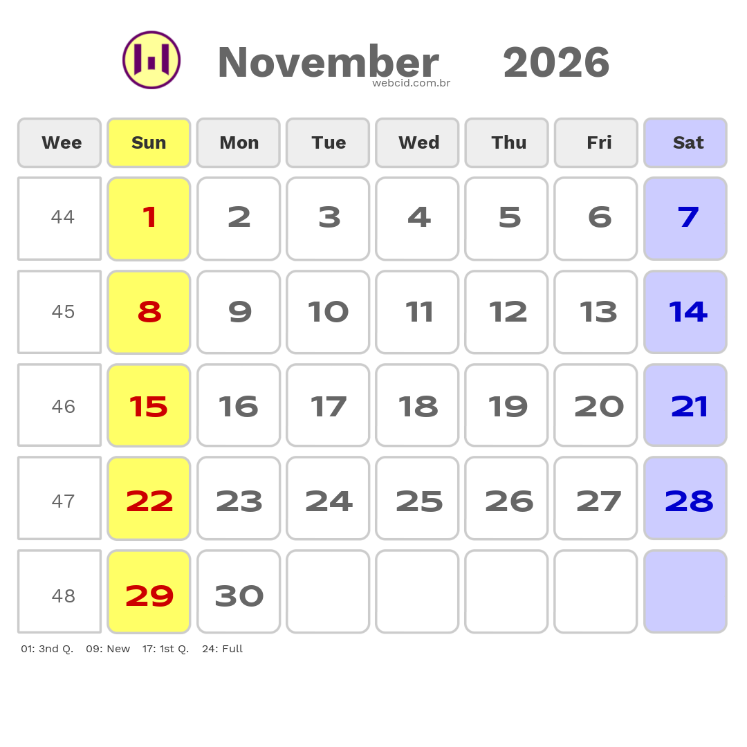 Calendar 2026 - November - Inglaterra com feriados e fases da lua