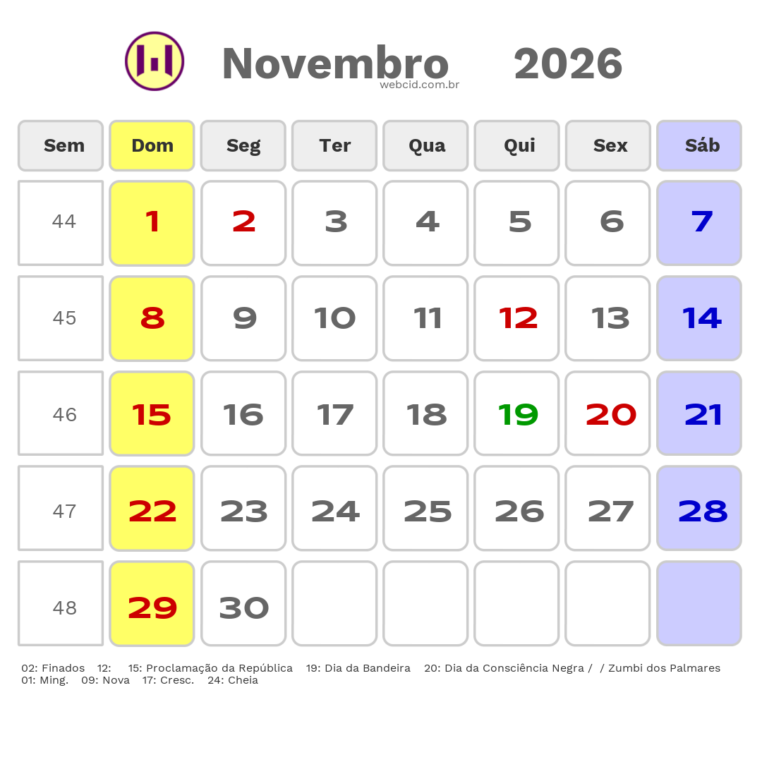 Calendário 2026 - Novembro - Armacao dos Buzios-RJ com feriados e fases da lua
