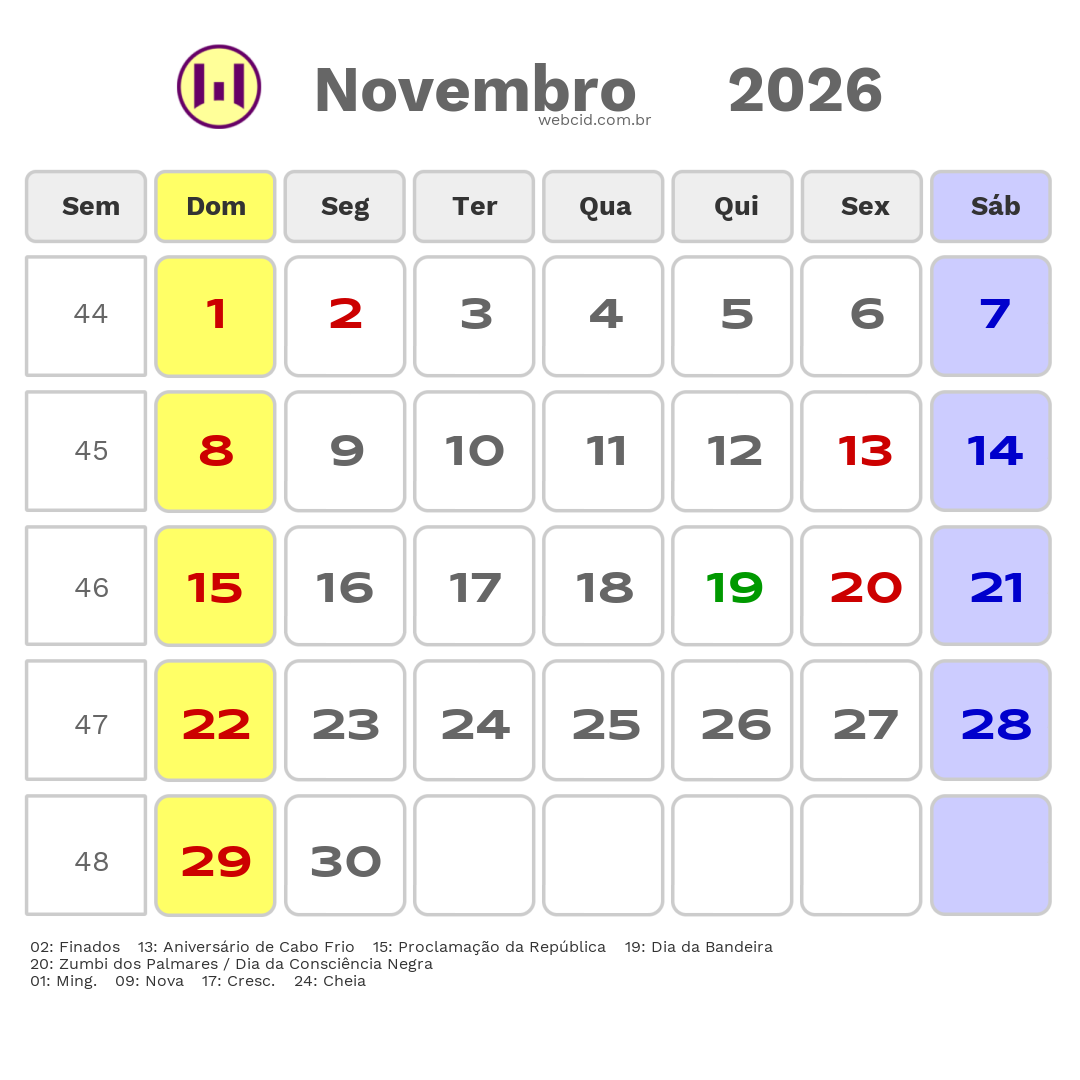 Calendário 2026 - Novembro - Cabo Frio-RJ com feriados e fases da lua