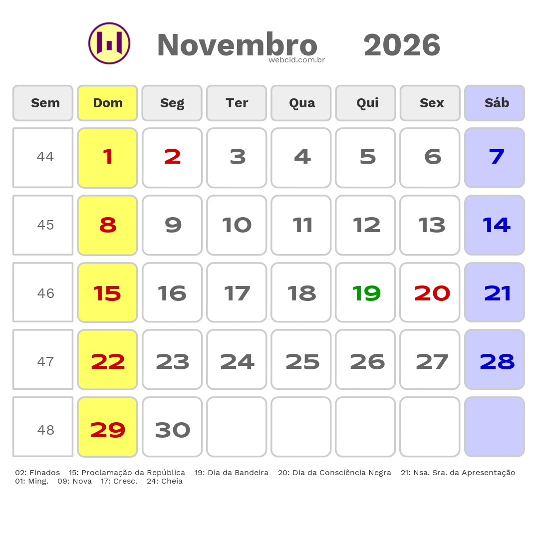 Calendário 2026 - Novembro - Natal-RN com feriados e fases da lua