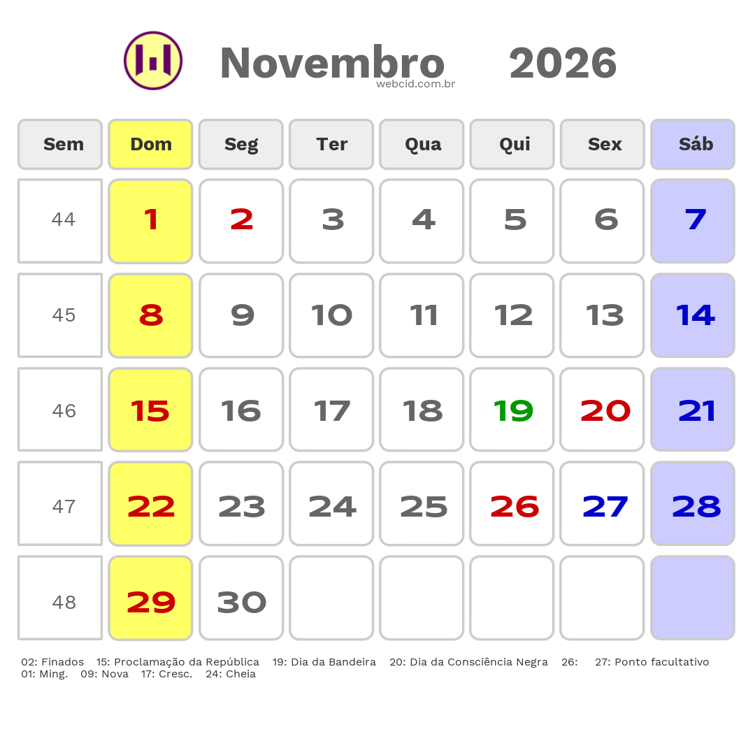 Calendário 2026 - Novembro - Cacoal-RO com feriados e fases da lua