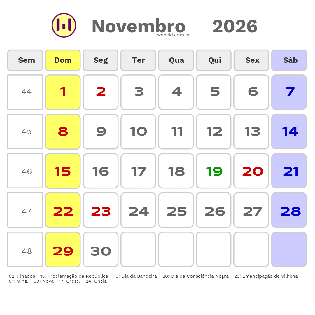 Calendário 2026 - Novembro - Vilhena-RO com feriados e fases da lua