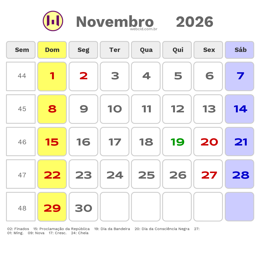 Calendário 2026 - Novembro - Meleiro-SC com feriados e fases da lua