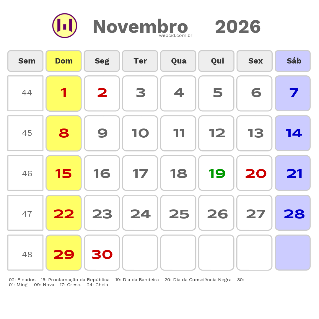 Calendário 2026 - Novembro - Arandu-SP com feriados e fases da lua