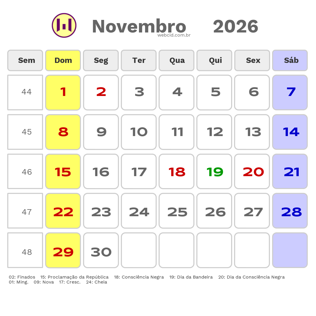 Calendário 2026 - Novembro - Hortolândia-SP com feriados e fases da lua