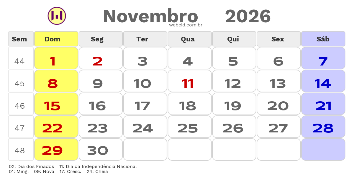 Calendário 2026 - Novembro - Angola com feriados e fases da lua