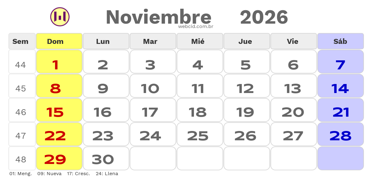Calendario 2026 - Noviembre - Argentina com feriados e fases da lua