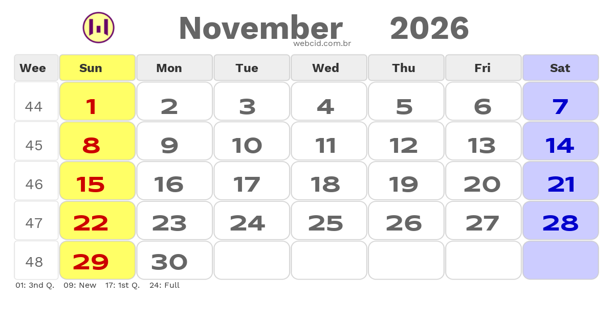 Calendar 2026 - November - Austrália com feriados e fases da lua