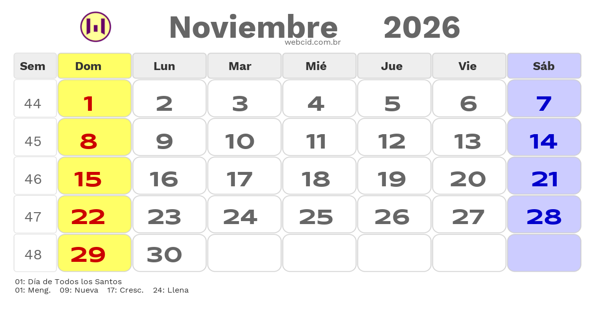 Calendario 2026 - Noviembre - Chile com feriados e fases da lua