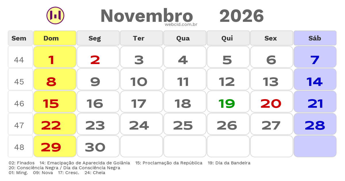 Calendário 2026 - Novembro - Aparecida de Goiânia-GO com feriados e fases da lua