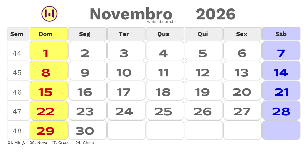 Calendário 2026 - Novembro - Guiné-Bissau com feriados e fases da lua