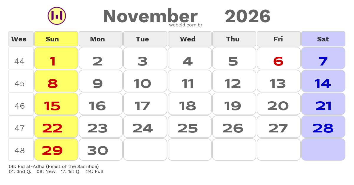 Calendar 2026 - November - Guyana com feriados e fases da lua
