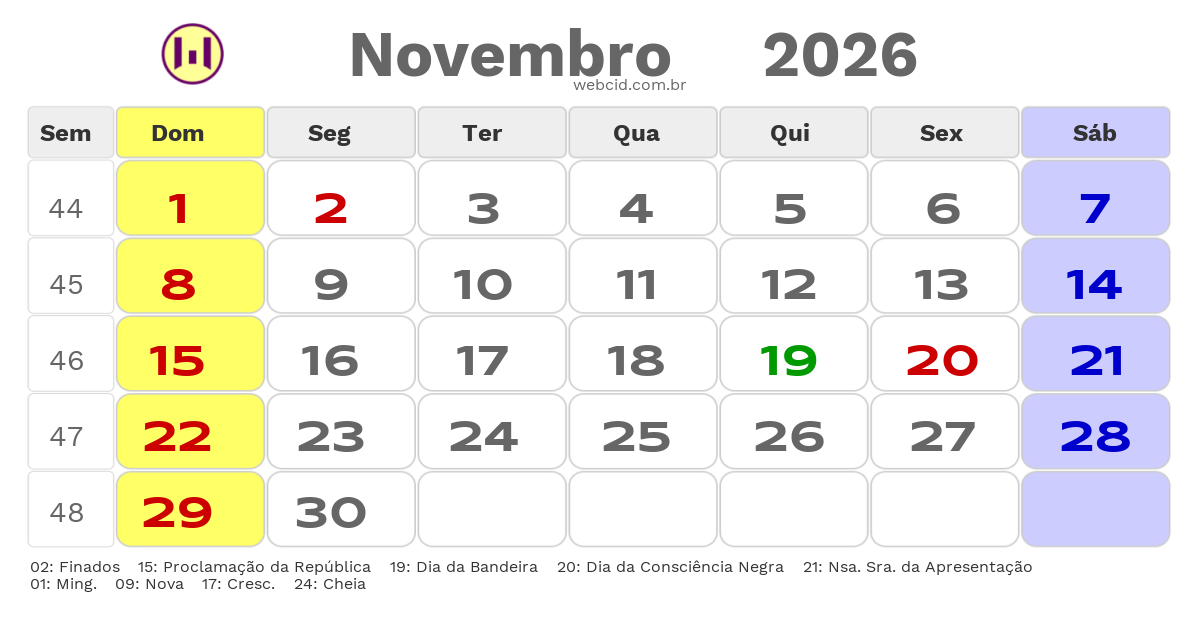 Calendário 2026 - Novembro - Natal-RN com feriados e fases da lua
