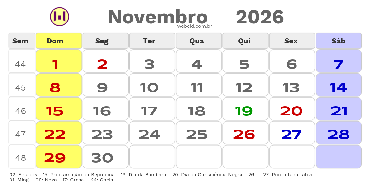 Calendário 2026 - Novembro - Cacoal-RO com feriados e fases da lua
