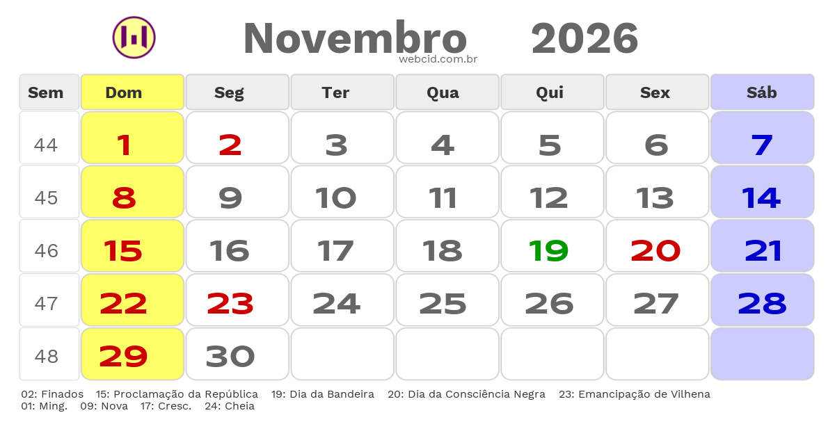 Calendário 2026 - Novembro - Vilhena-RO com feriados e fases da lua