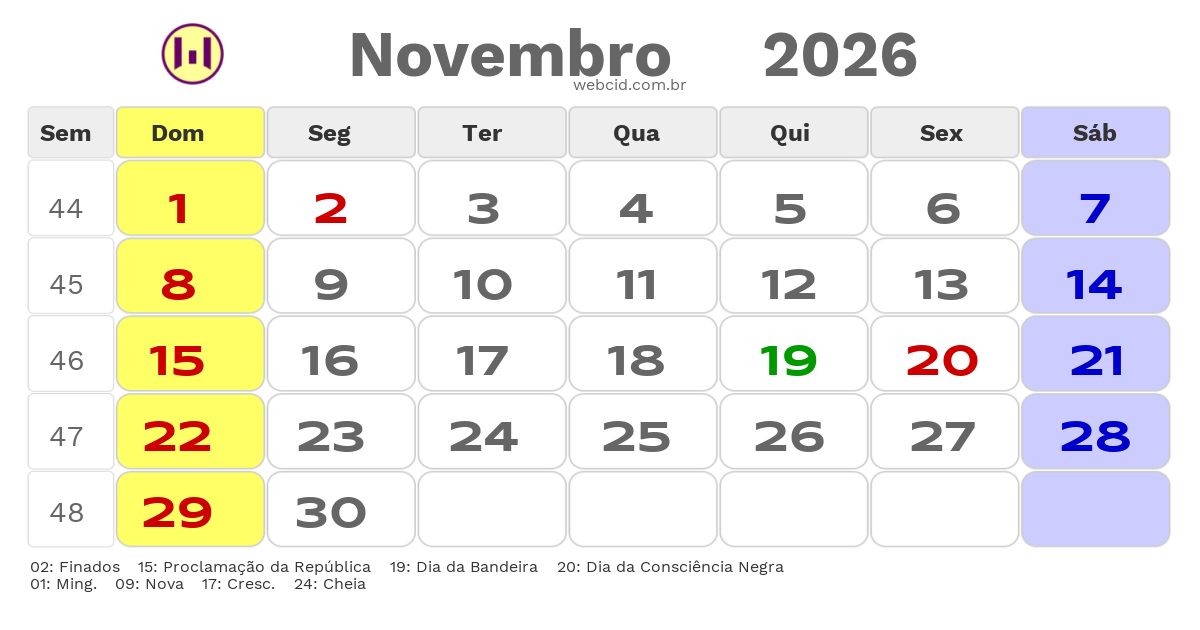 Calendário 2026 - Novembro - Catanduva-SP com feriados e fases da lua