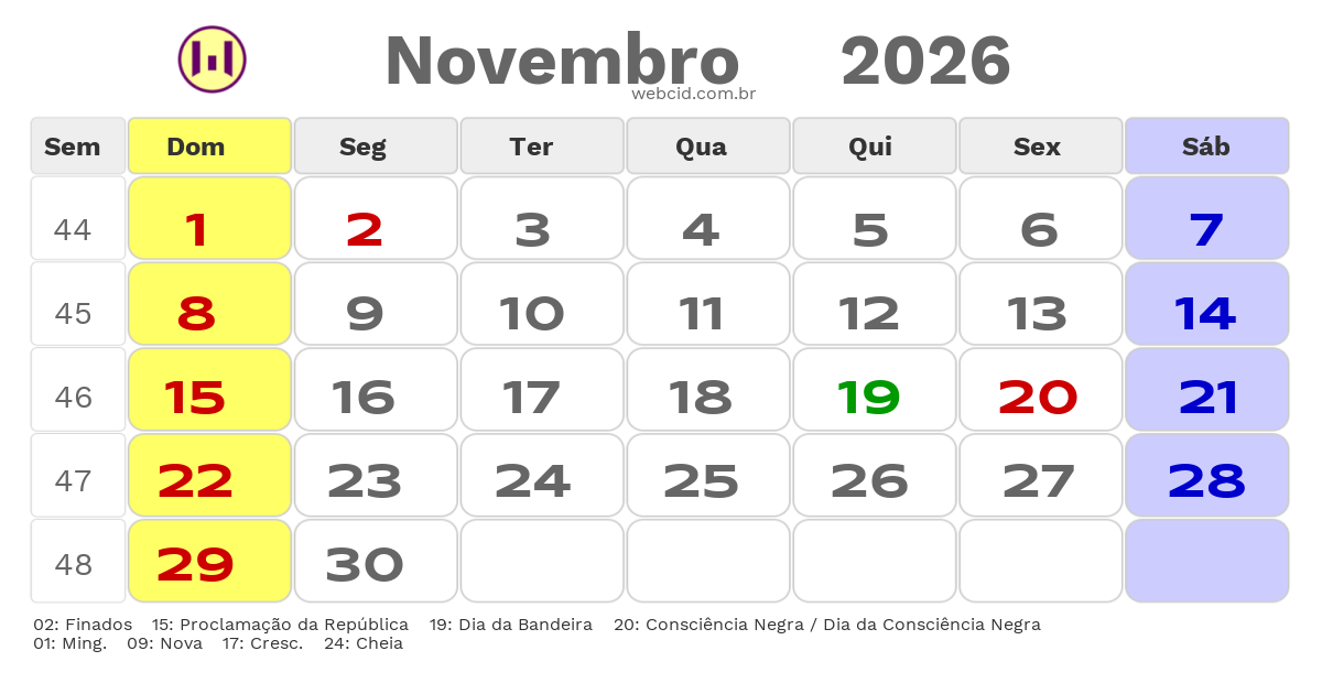 Calendário 2026 - Novembro - São Bernardo do Campo-SP com feriados e fases da lua