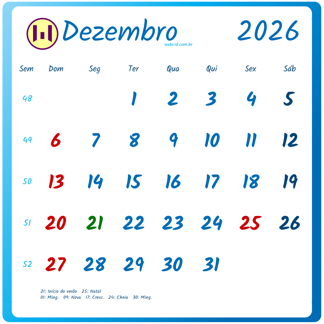 Calendário 2026 - Dezembro - Brasil com feriados e fases da lua