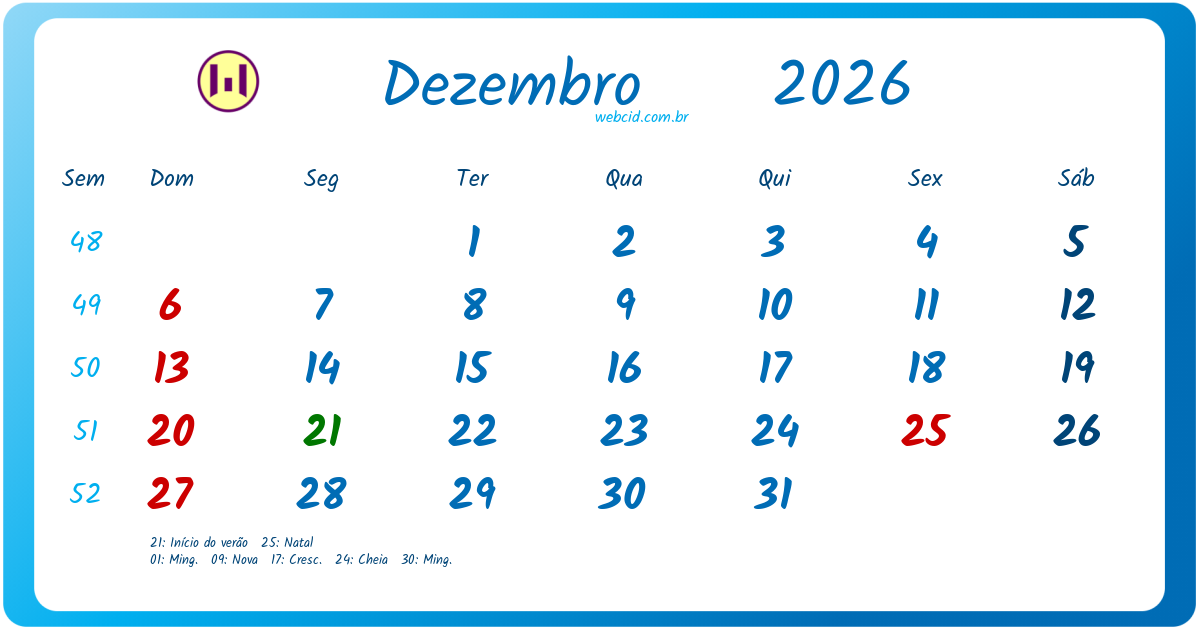 Calendário 2026 - Dezembro - Brasil com feriados e fases da lua