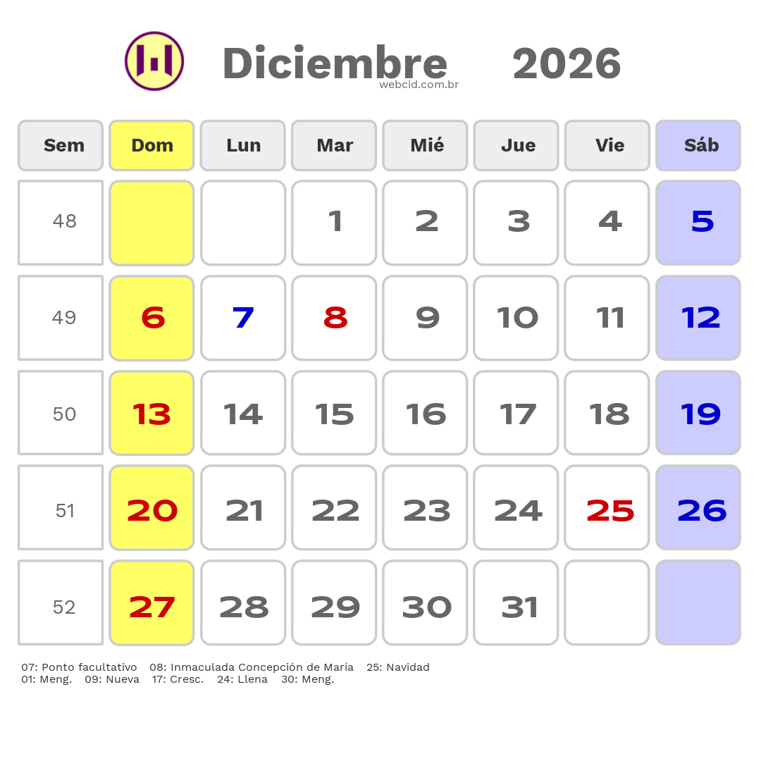 Calendario 2026 - Diciembre - Argentina com feriados e fases da lua