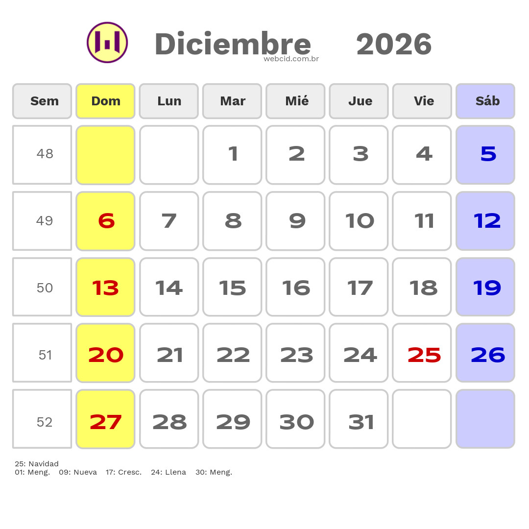 Calendario 2026 - Diciembre - Bolívia com feriados e fases da lua
