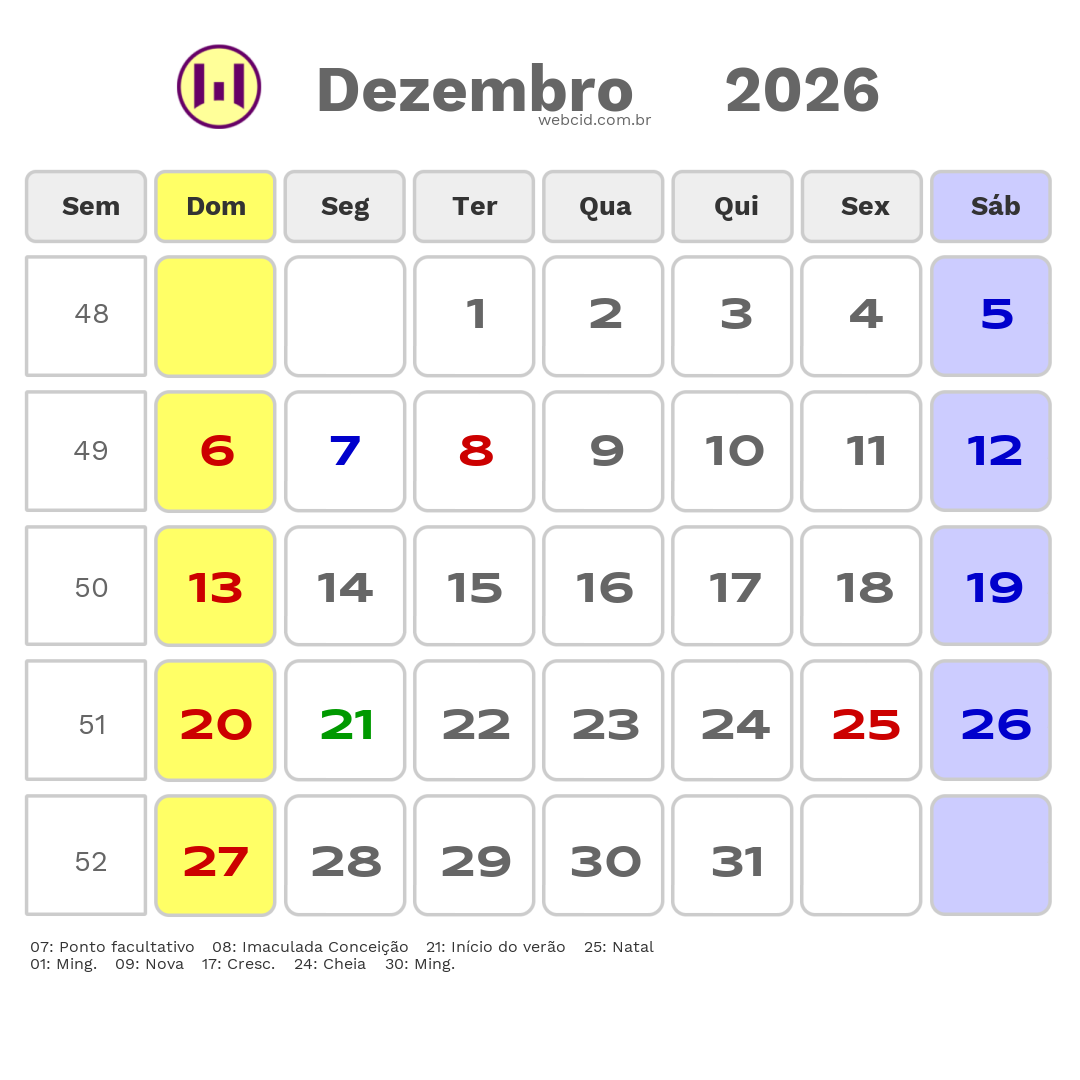 Calendário 2026 - Dezembro - Cascavel-CE com feriados e fases da lua