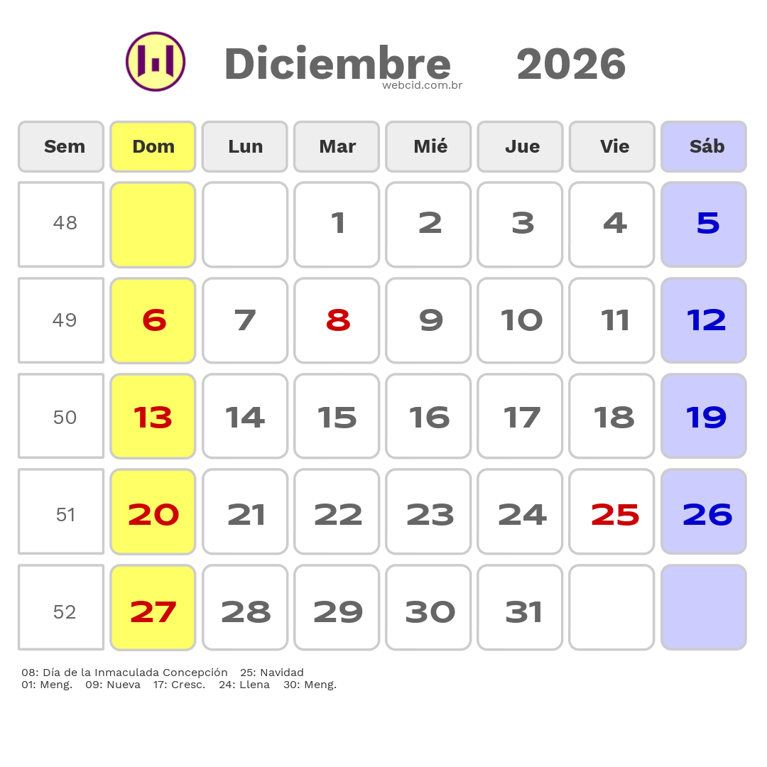 Calendario 2026 - Diciembre - Colômbia com feriados e fases da lua