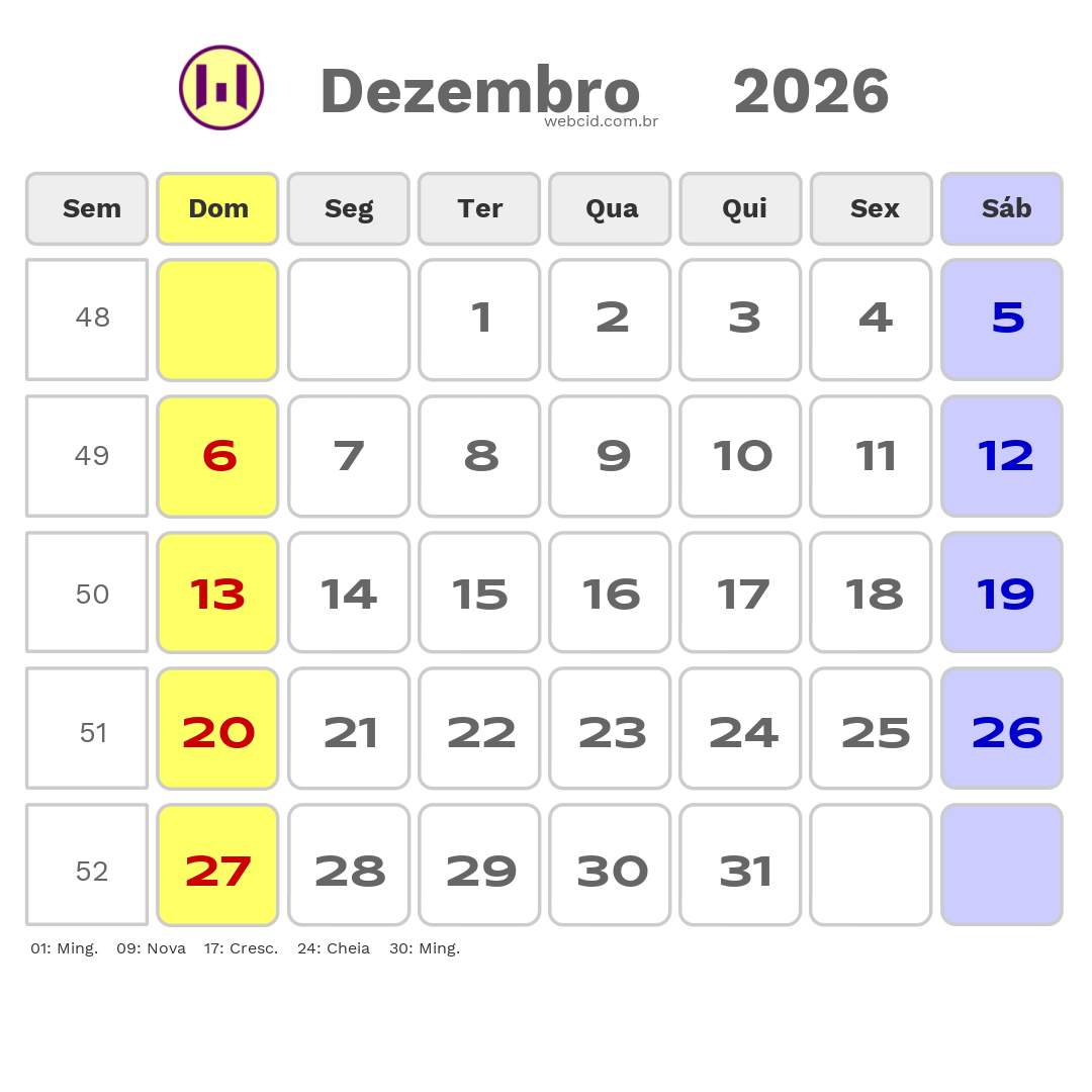 Calendário 2026 - Dezembro - Copa do Mundo FIFA com feriados e fases da lua