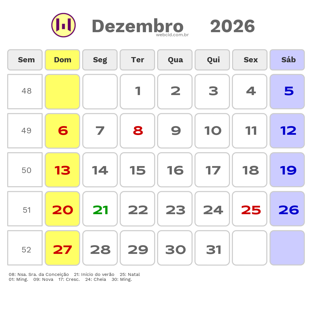 Calendário 2026 - Dezembro - Linhares-ES com feriados e fases da lua