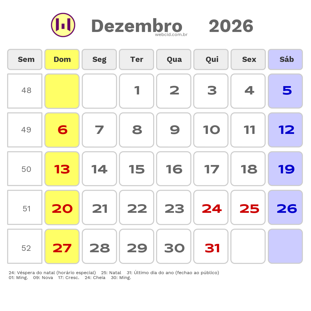 Calendário 2026 - Dezembro - Feriados Bancários com feriados e fases da lua