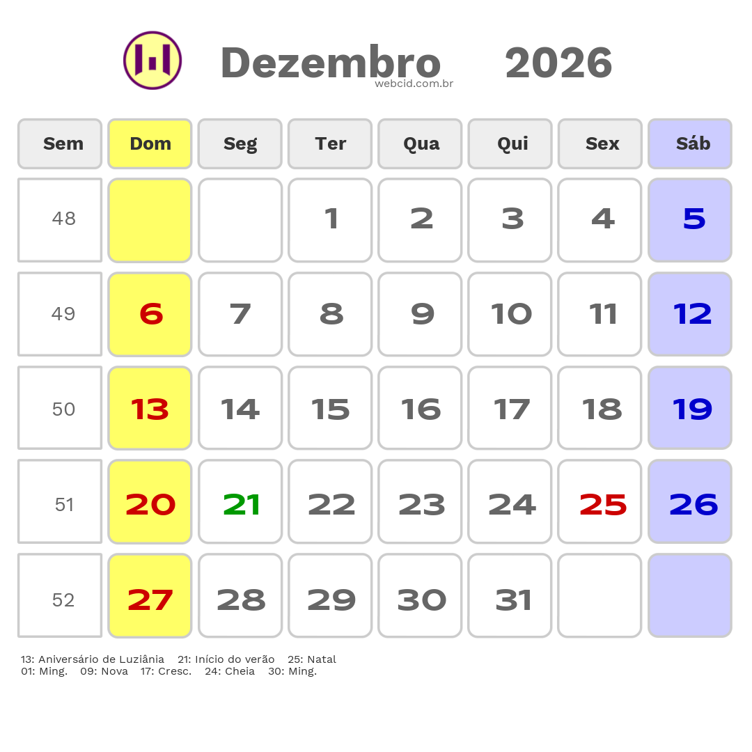 Calendário 2026 - Dezembro - Luziânia-GO com feriados e fases da lua