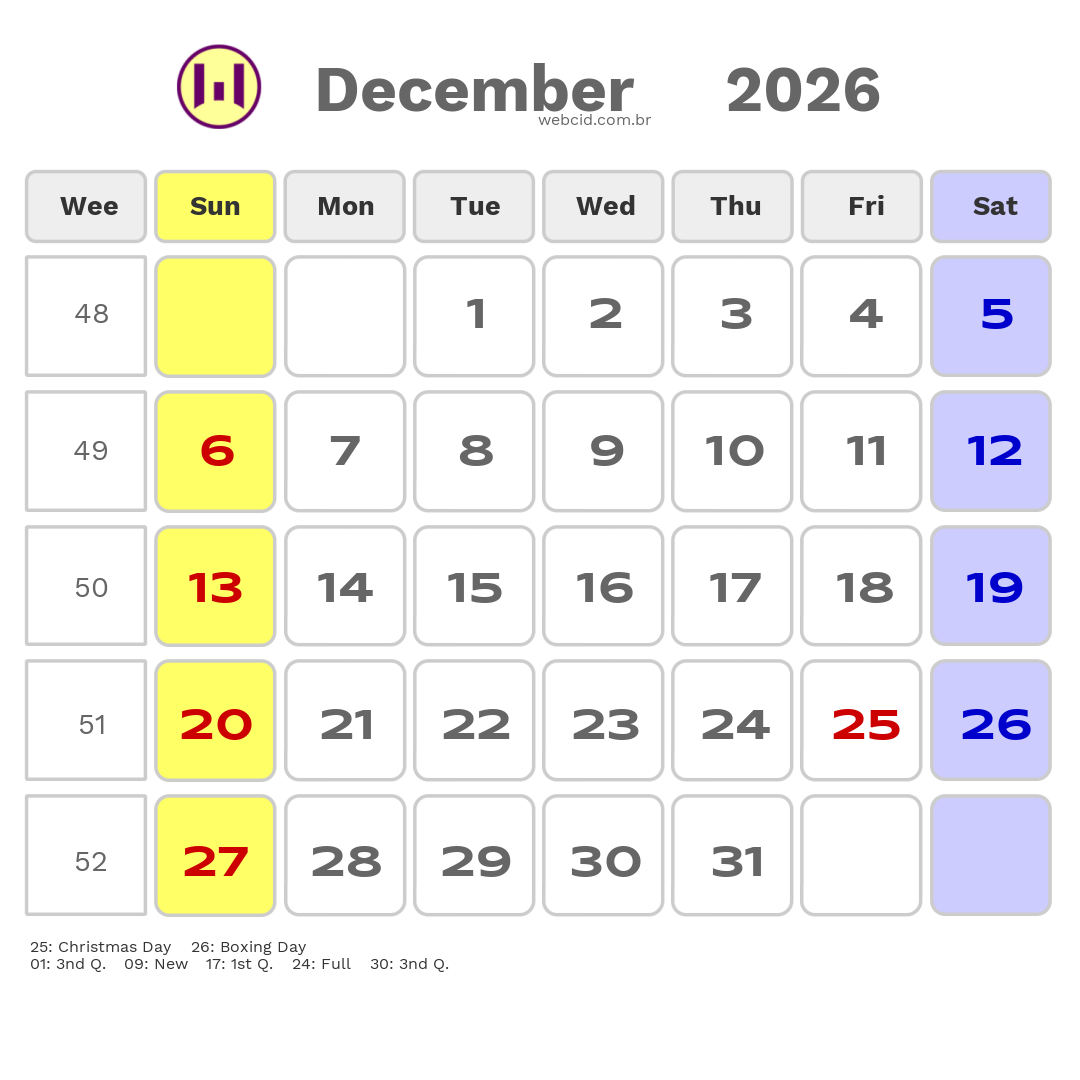 Calendar 2026 - December - Inglaterra com feriados e fases da lua