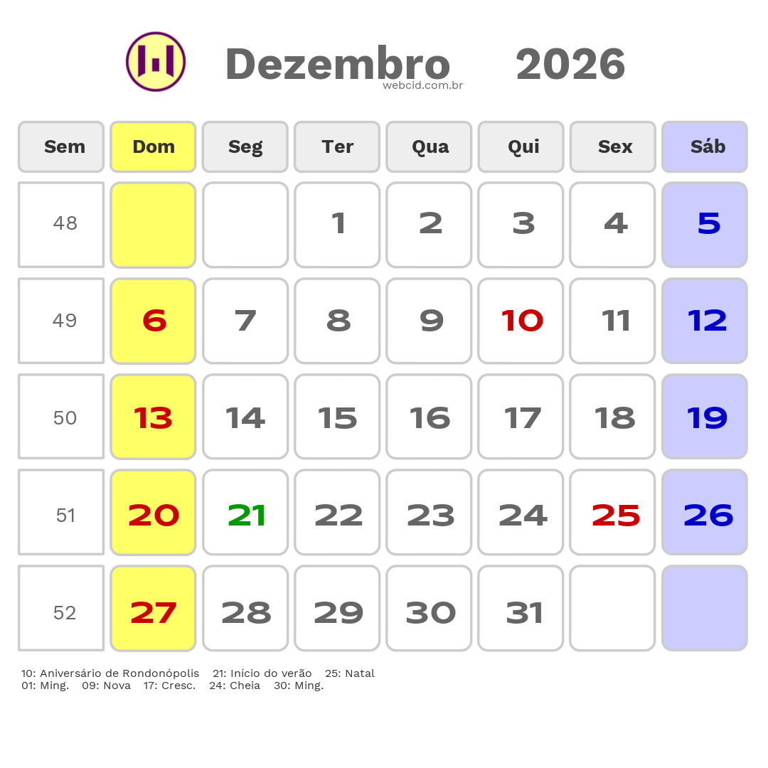 Calendário 2026 - Dezembro - Rondonópolis-MT com feriados e fases da lua