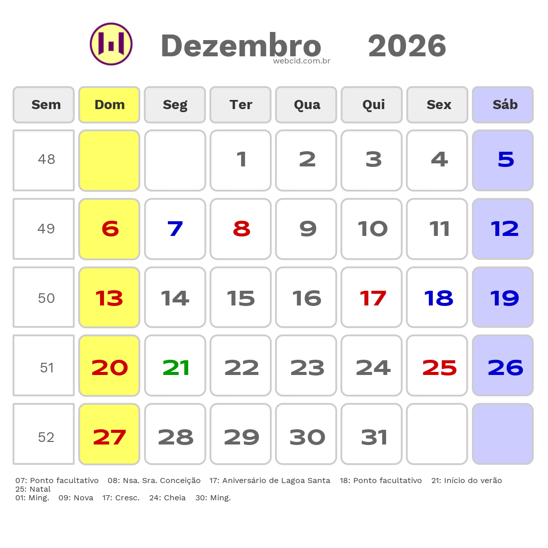 Calendário 2026 - Dezembro - Lagoa Santa-MG com feriados e fases da lua