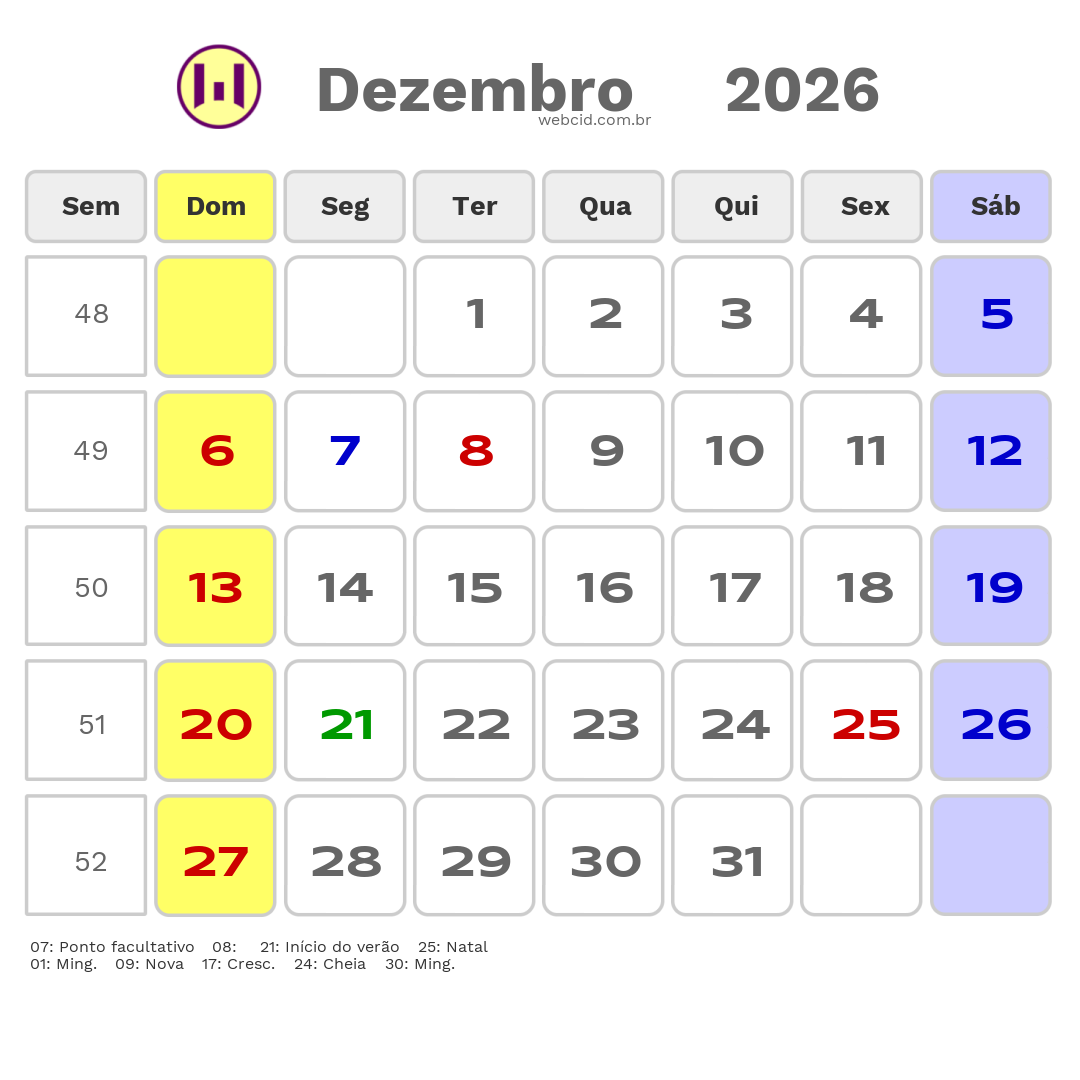 Calendário 2026 - Dezembro - Sao Joao Del Rei-MG com feriados e fases da lua