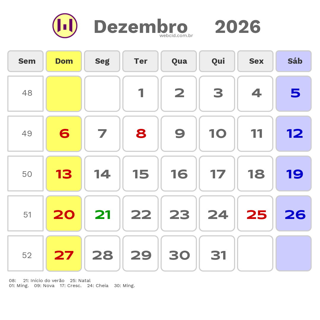 Calendário 2026 - Dezembro - Jacarau-PB com feriados e fases da lua