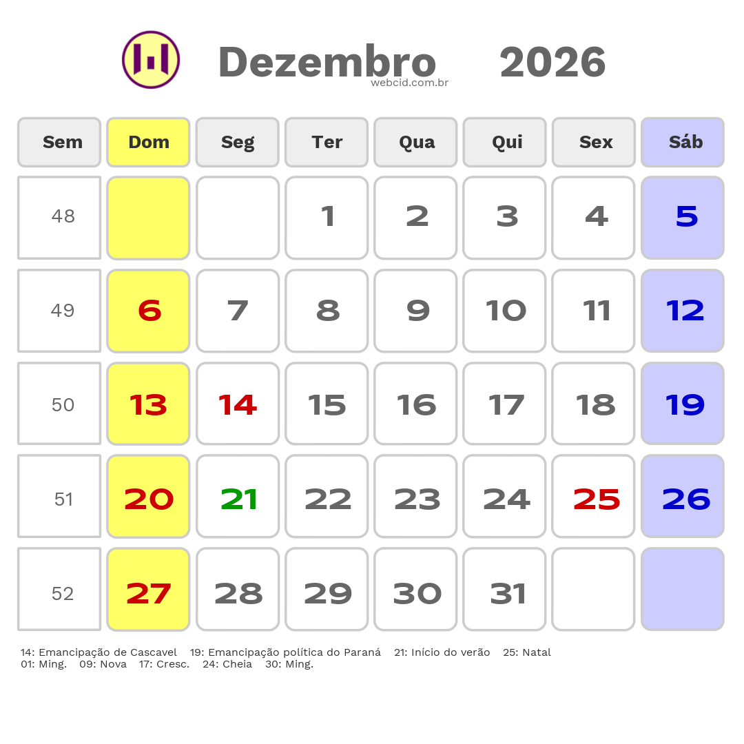 Calendário 2026 - Dezembro - Cascavel-PR com feriados e fases da lua
