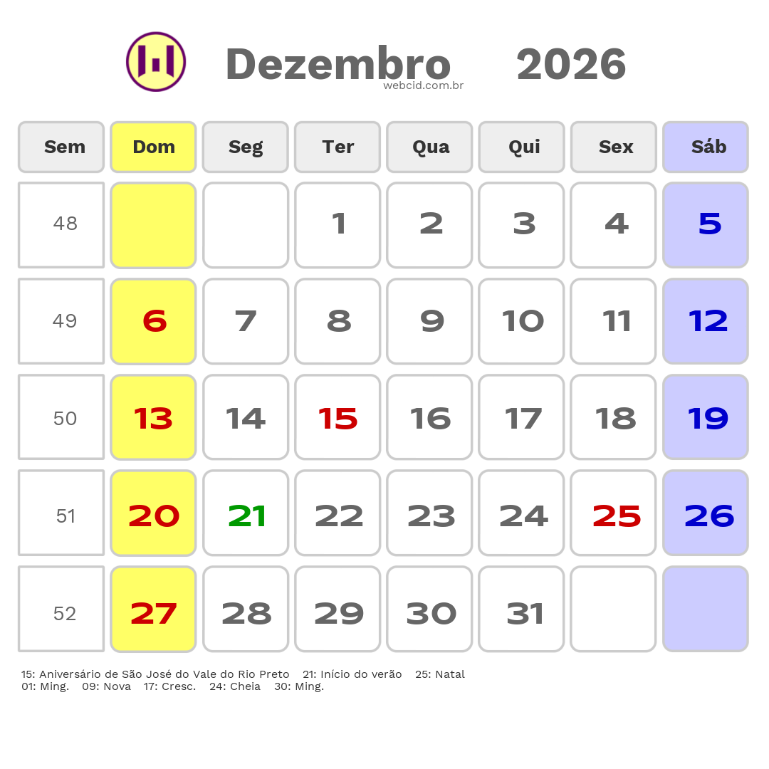 Calendário 2026 - Dezembro - São José do Vale do Rio Preto-RJ com feriados e fases da lua
