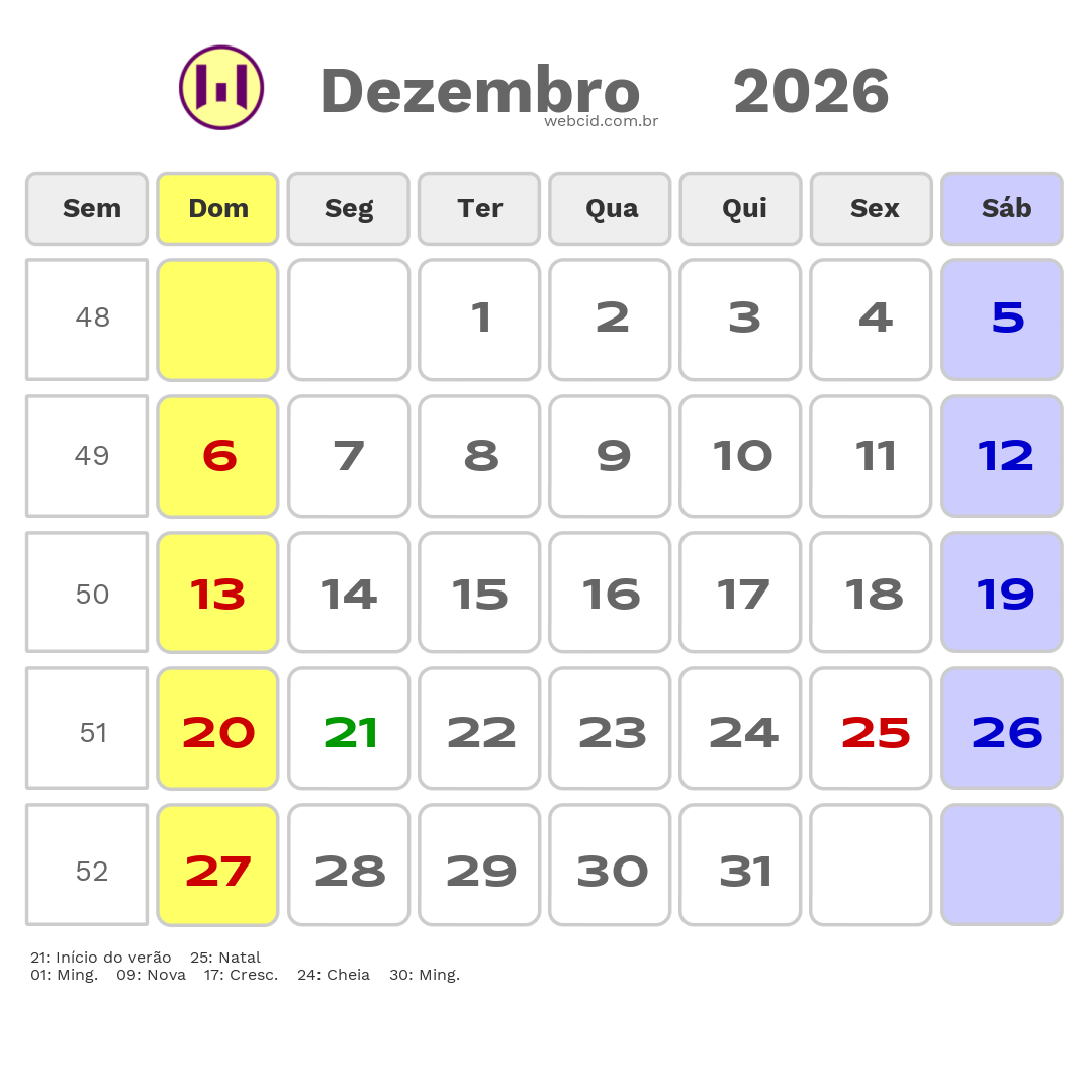 Calendário 2026 - Dezembro - Natal-RN com feriados e fases da lua