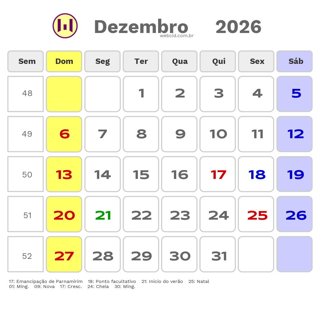 Calendário 2026 - Dezembro - Parnamirim-RN com feriados e fases da lua