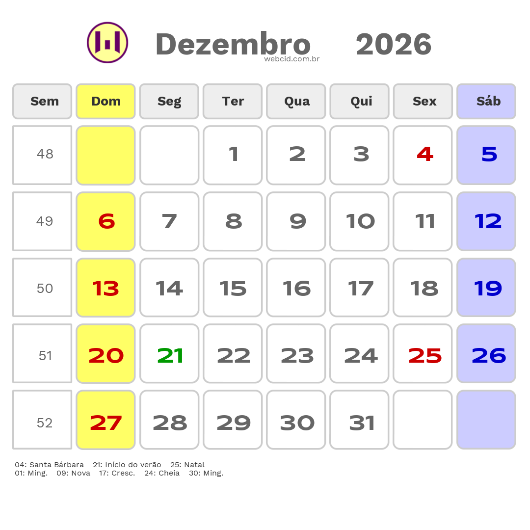 Calendário 2026 - Dezembro - Criciúma-SC com feriados e fases da lua