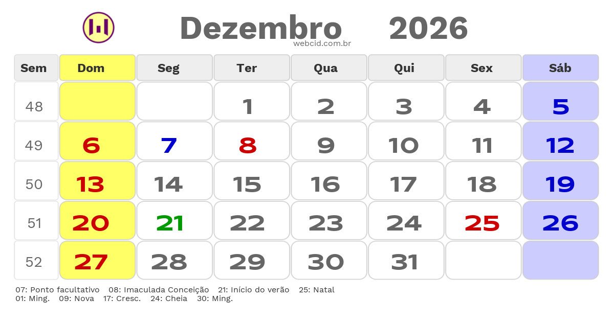 Calendário 2026 - Dezembro - Cascavel-CE com feriados e fases da lua