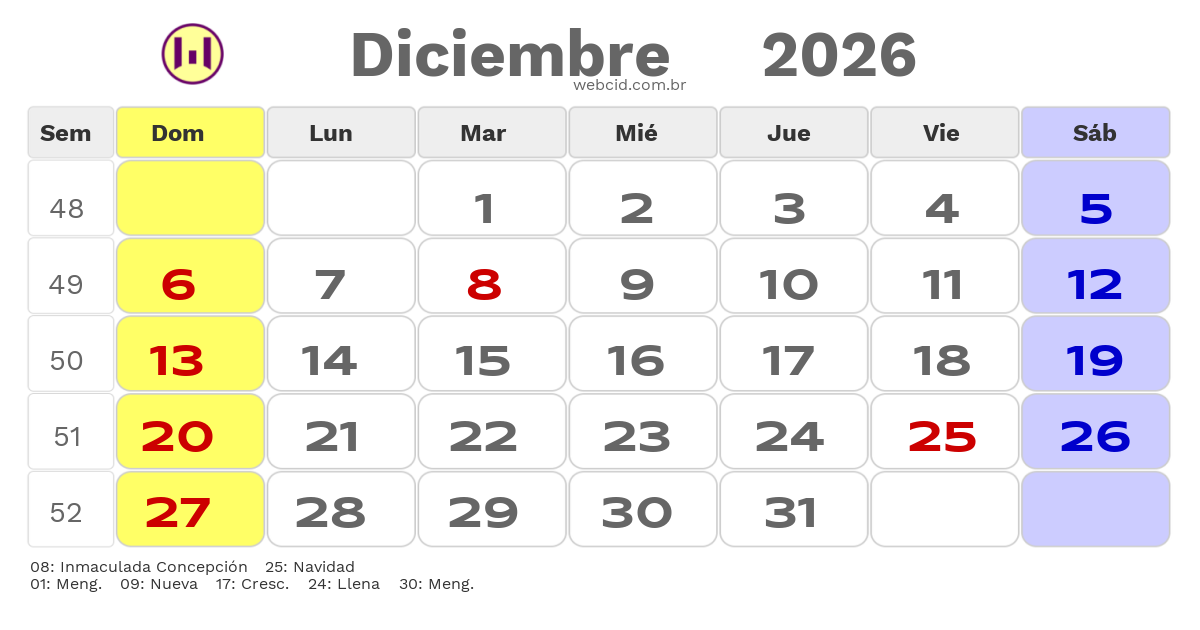 Calendario 2026 - Diciembre - Chile com feriados e fases da lua