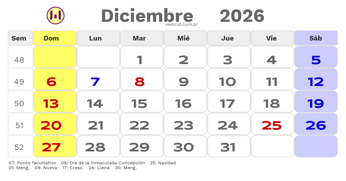 Calendario 2026 - Diciembre - Colômbia com feriados e fases da lua