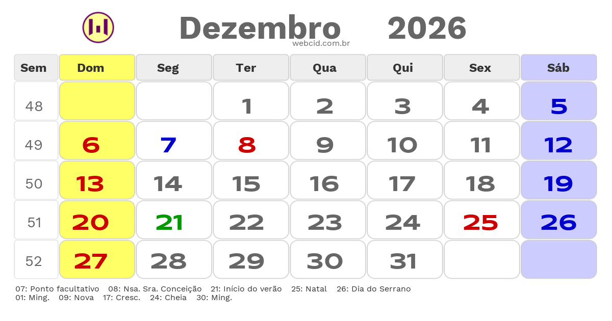 Calendário 2026 - Dezembro - Serra-ES com feriados e fases da lua