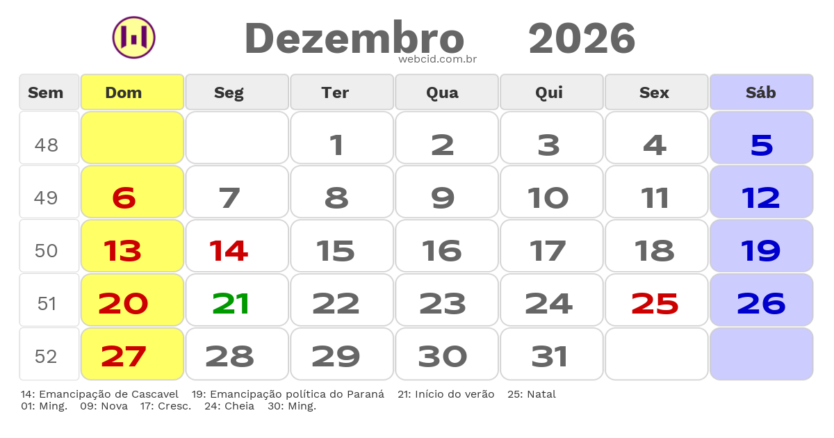 Calendário 2026 - Dezembro - Cascavel-PR com feriados e fases da lua