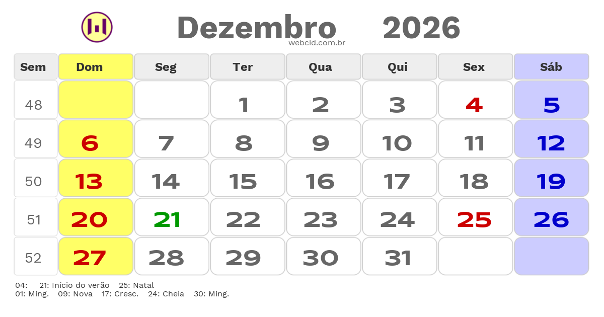 Calendário 2026 - Dezembro - Charqueadas-RS com feriados e fases da lua
