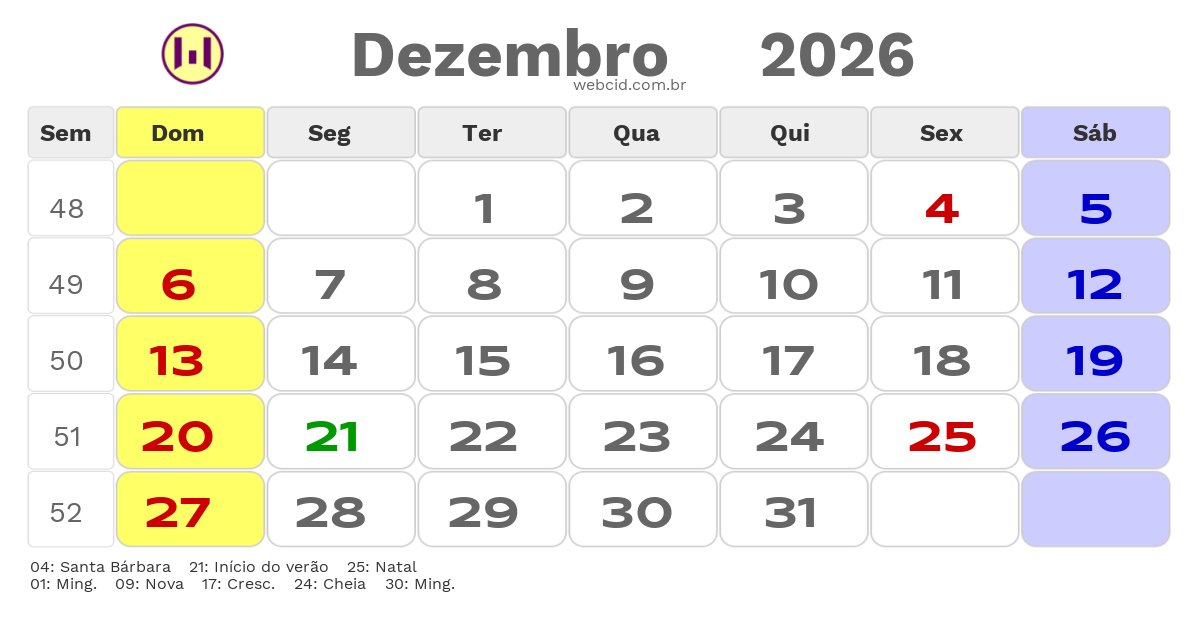 Calendário 2026 - Dezembro - Criciúma-SC com feriados e fases da lua