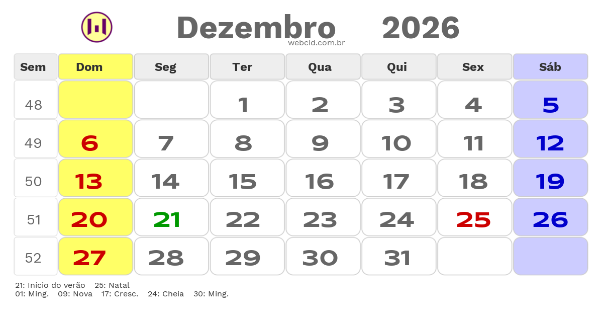 Calendário 2026 - Dezembro - Paulínia-SP com feriados e fases da lua