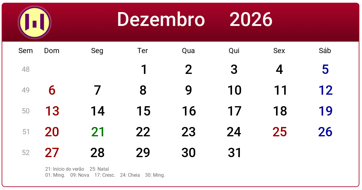 Calendário 2026 - Dezembro - Brasil com feriados e fases da lua